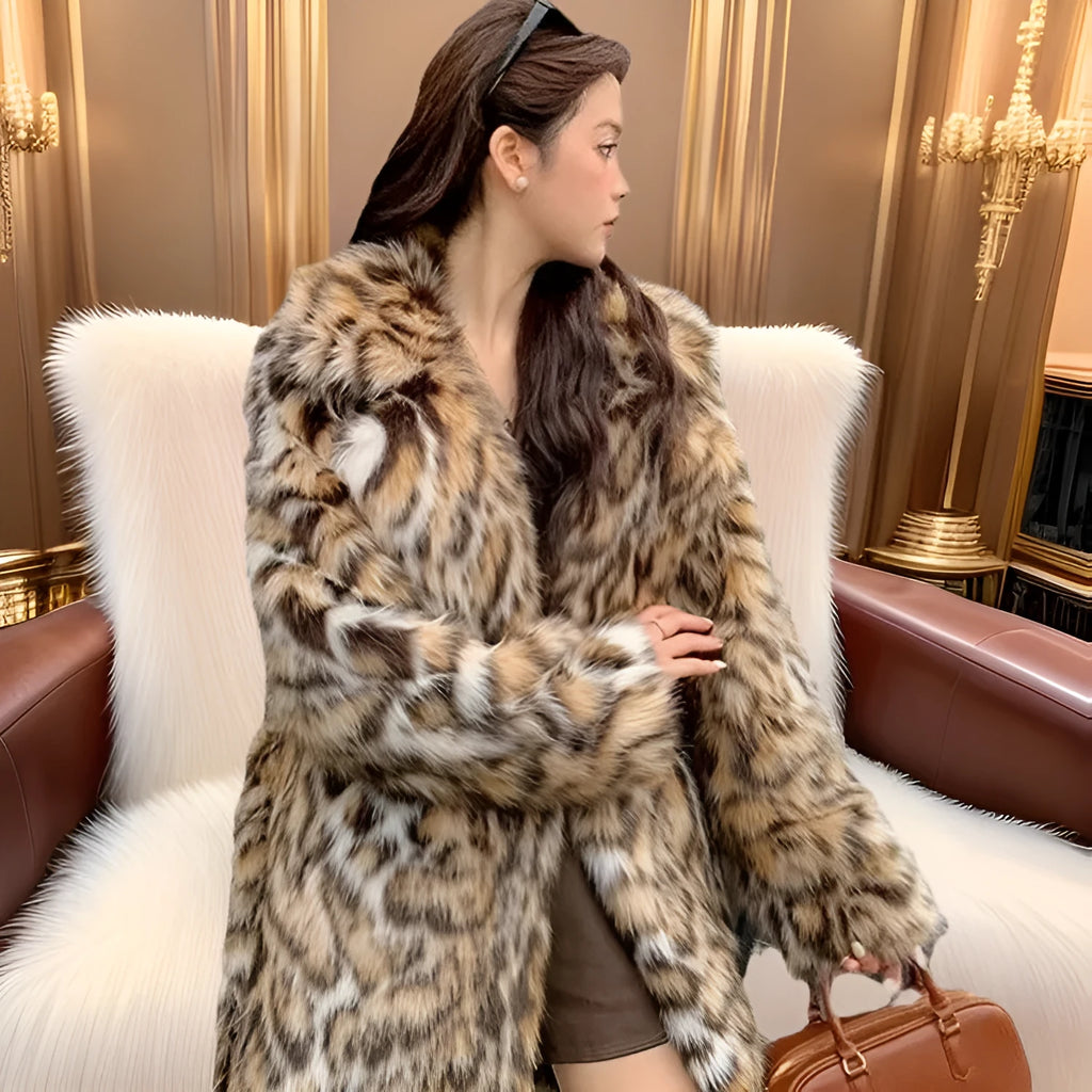 Women's faux fur coat with fox fur collar in street fashion style showing pockets and regular sleeves