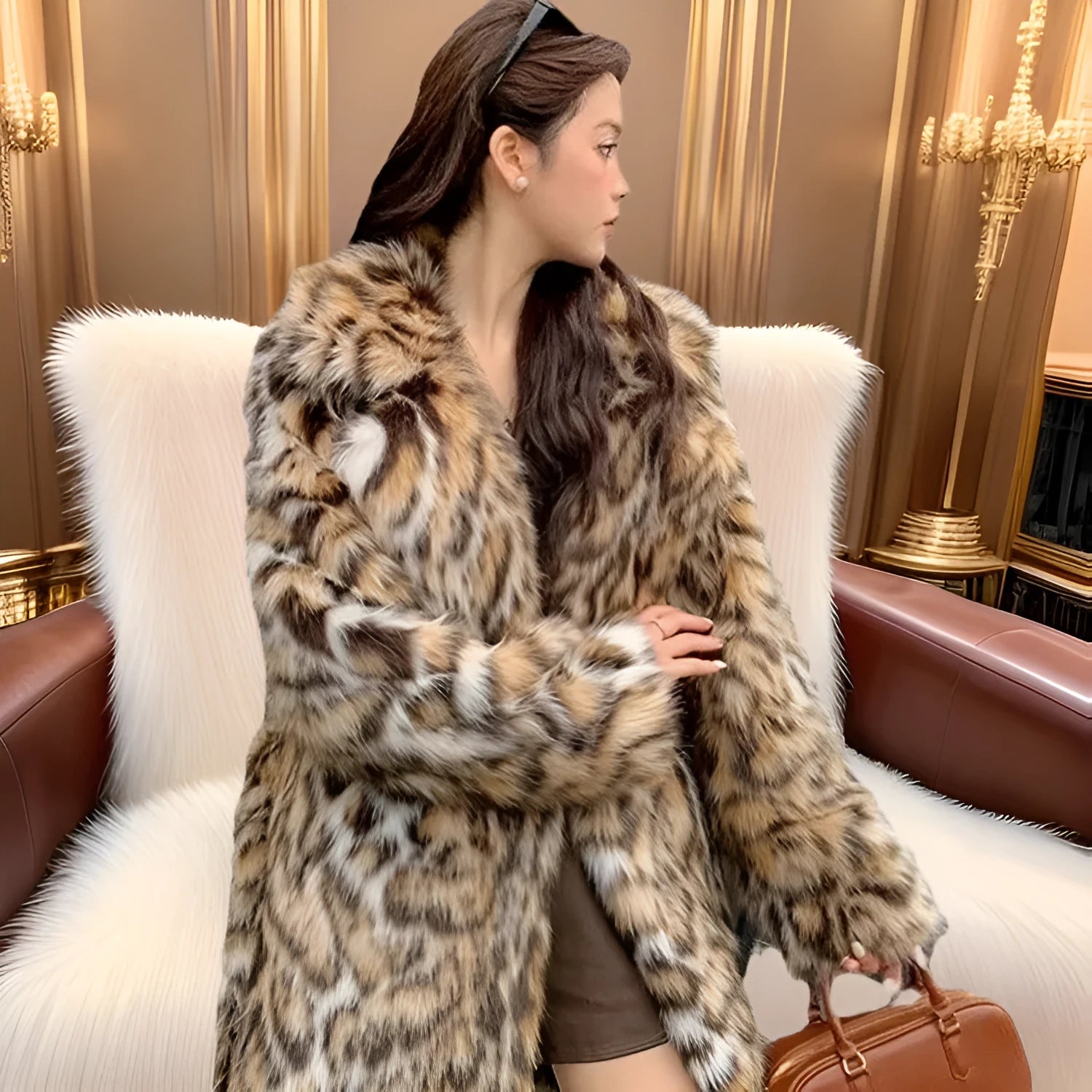 Women's faux fur coat with fox fur collar in street fashion style showing pockets and regular sleeves