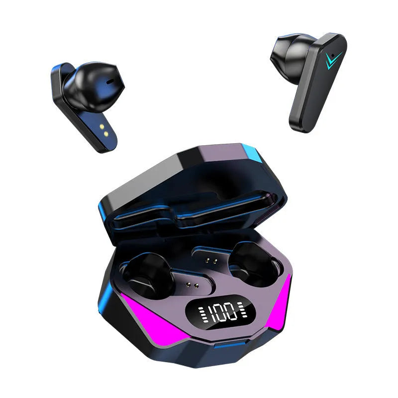 X15 wireless in-ear gaming Bluetooth headset in black with charging case and cable