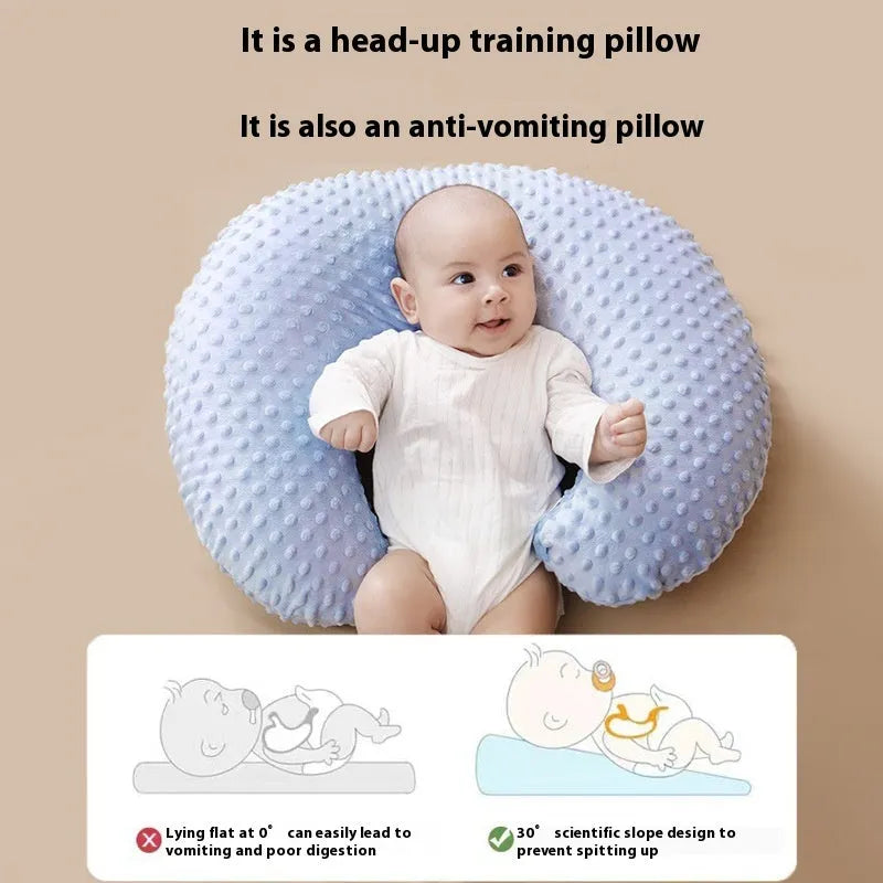 Nursing pillow with raised spill prevention edge in pink, yellow, grey, and light blue colour options
