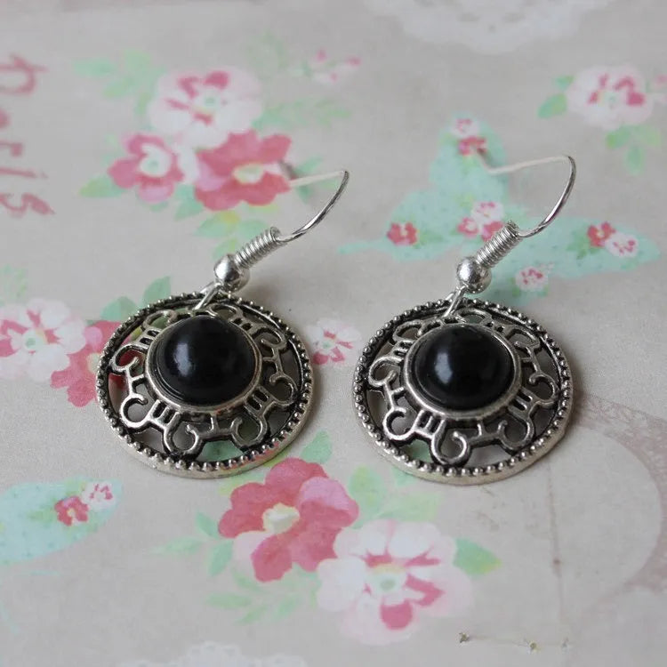 Miao silver geometric flower disk earrings with turquoise and auspicious cloud patterns
