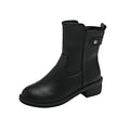 Black women's low heel ankle boots with side zip fastening and round toe design