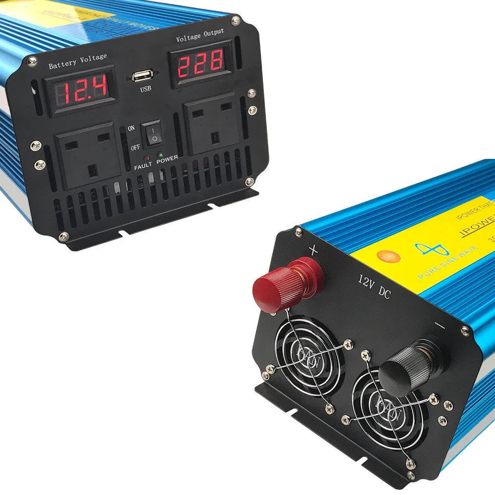 3000W 6000W pure sine wave inverter with dual digital display in blue casing, remote control, and British socket