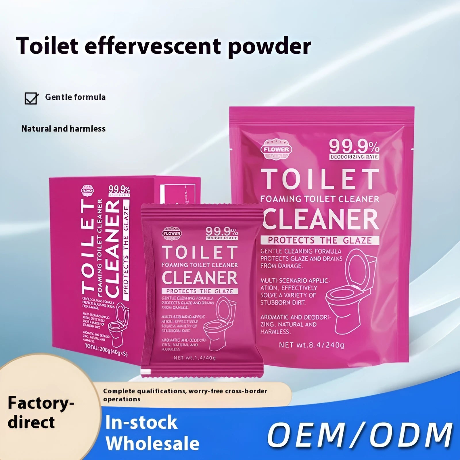 Toilet bubble powder cleaning product in blue ocean or pink floral fragrance options