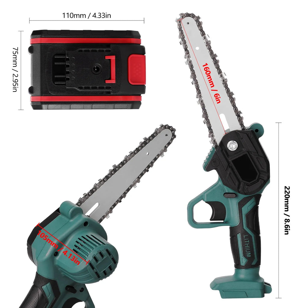 Black or green one-handed mini electric chainsaw with 4-inch guide on a workbench.