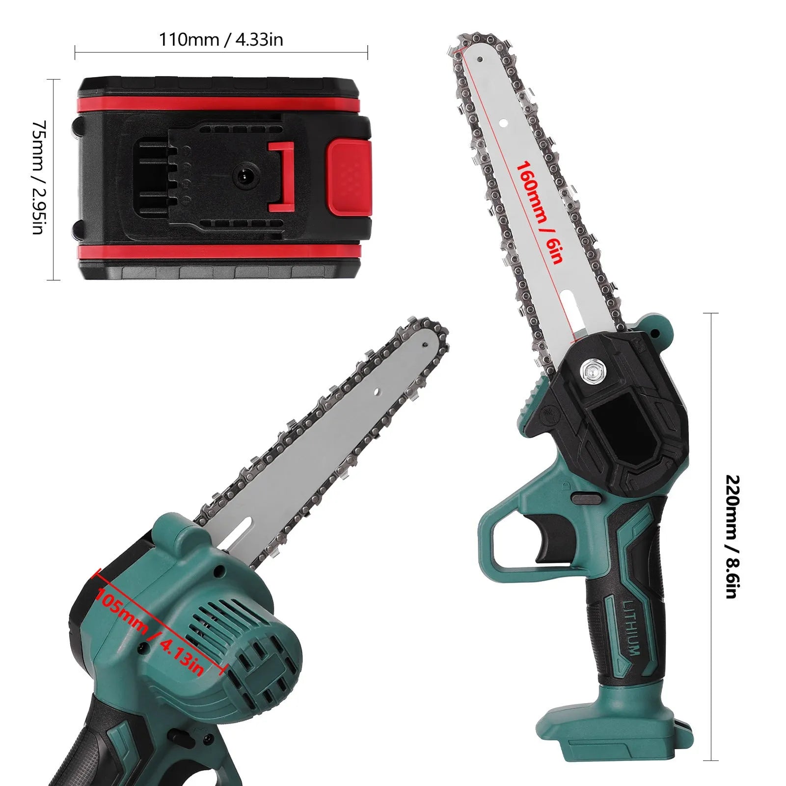 Black or green one-handed mini electric chainsaw with 4-inch guide on a workbench.