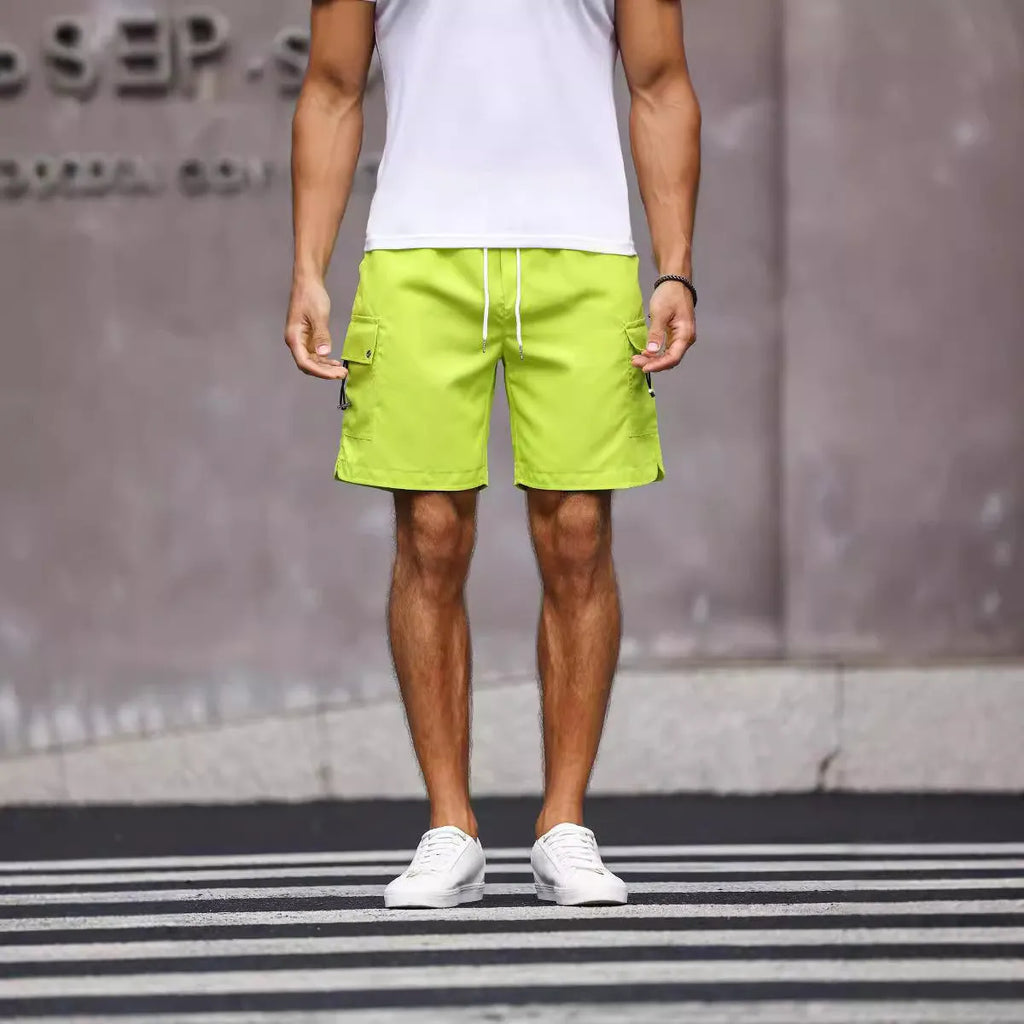 Men's straight-leg work shorts in cool silk cotton fabric, available in fluorescent green and army green colours