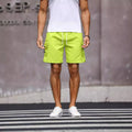 Men's straight-leg work shorts in cool silk cotton fabric, available in fluorescent green and army green colours