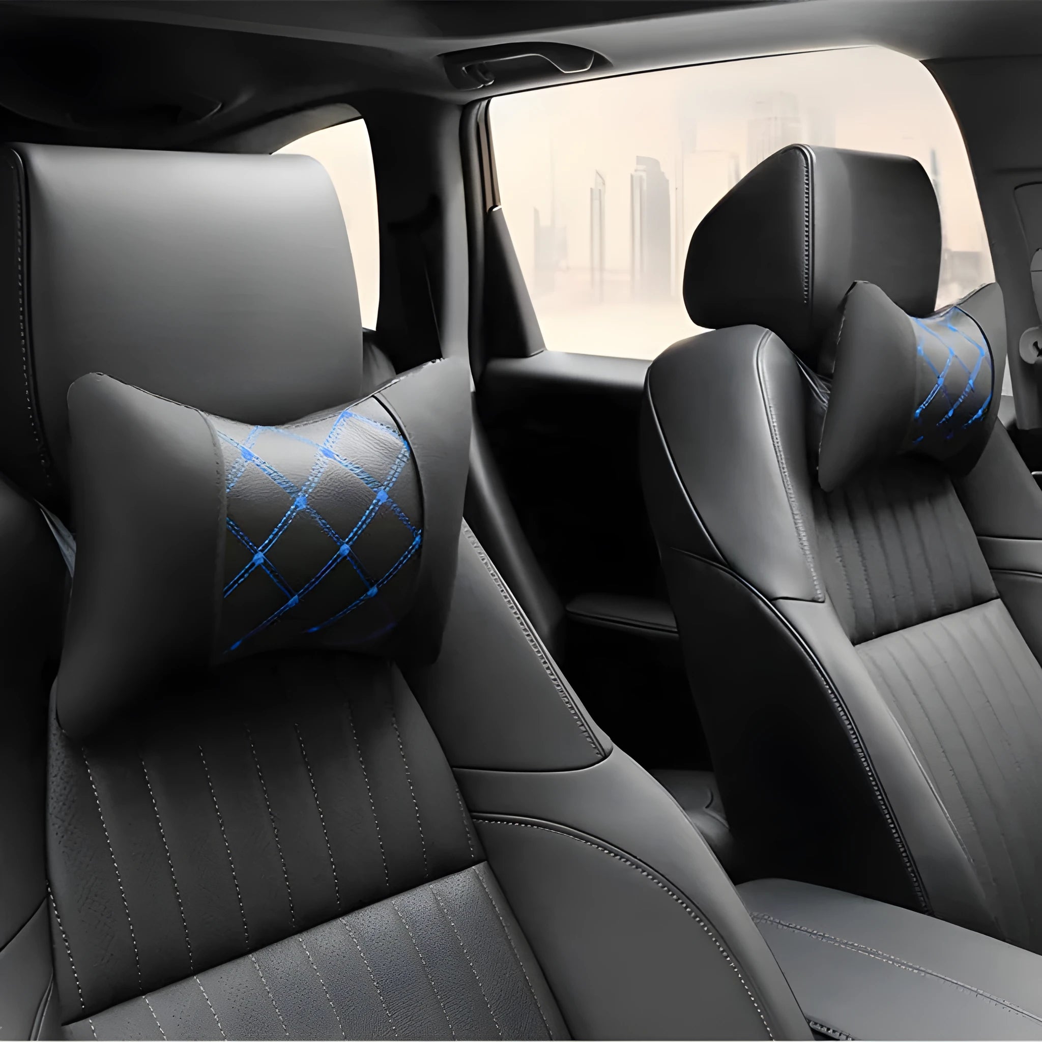 Black leather quilted car headrest cushion with diamond check pattern for cervical neck support