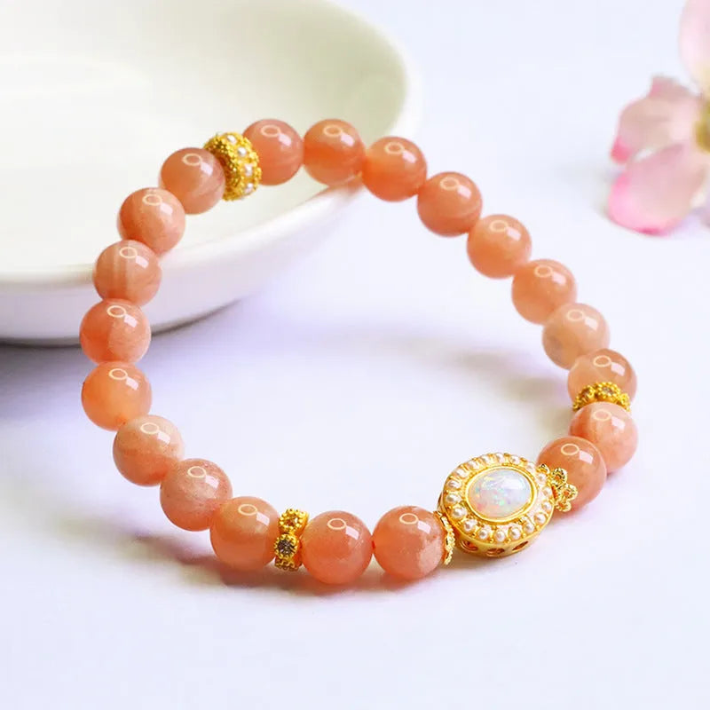 Natural orange moonlight hand-woven moonstone bracelet with 8mm round beads for women