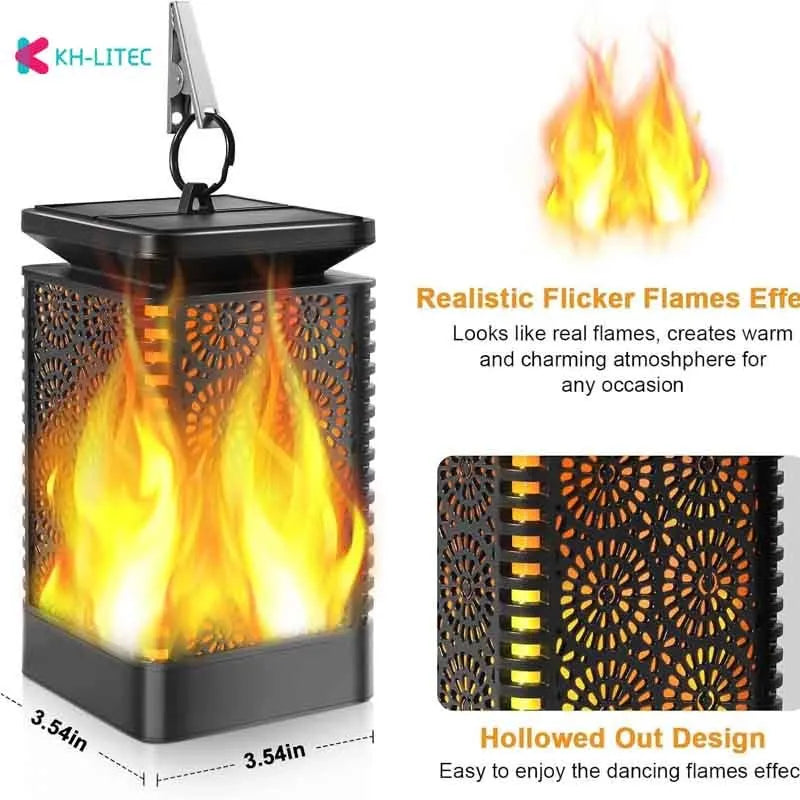 Set of four black solar-powered hanging flame torch lights for outdoor garden decoration.