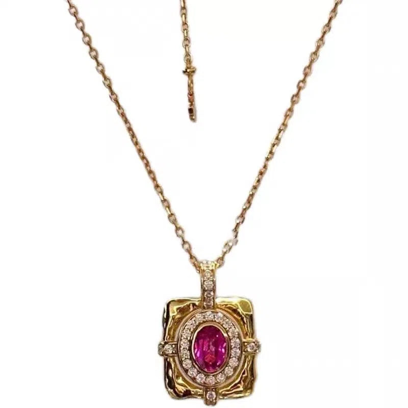 Women's French retro red corundum square pendant necklace on copper bamboo chain