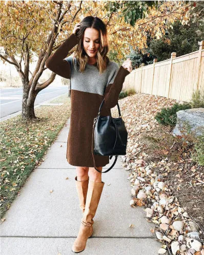 Brown women's polar fleece sweater dress with princess skirt and patchwork stitching details