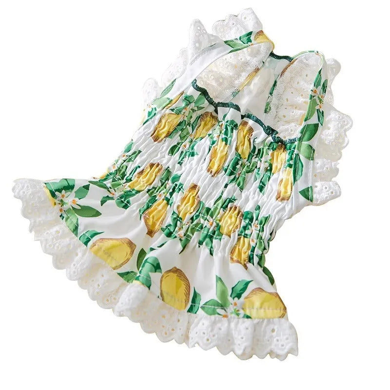 Dog clothes thin breathable strap skirt in rock yellow lemon, polyester, princess style for small dogs