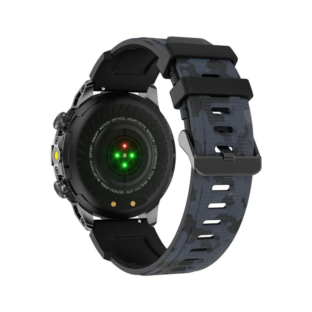 Black sports watch with 1.43-inch AMOLED screen showing weather forecast, on silicone strap