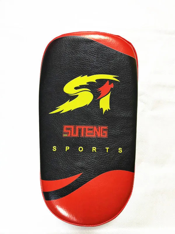 Black and red hand-held Sanda fighting foot target, 35cm long, with a double buckle strap on the back