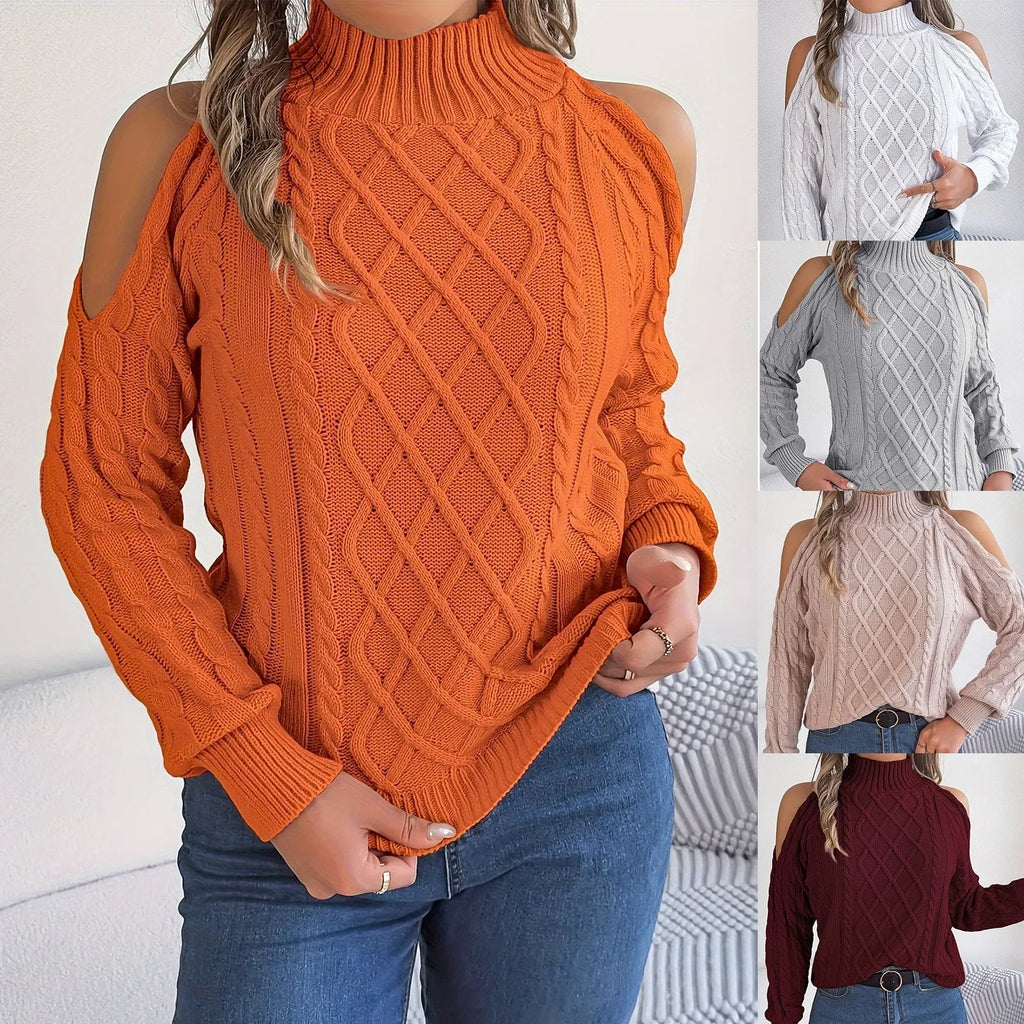 Women's strapless twist pattern sweater with half-high collar and long lantern sleeves