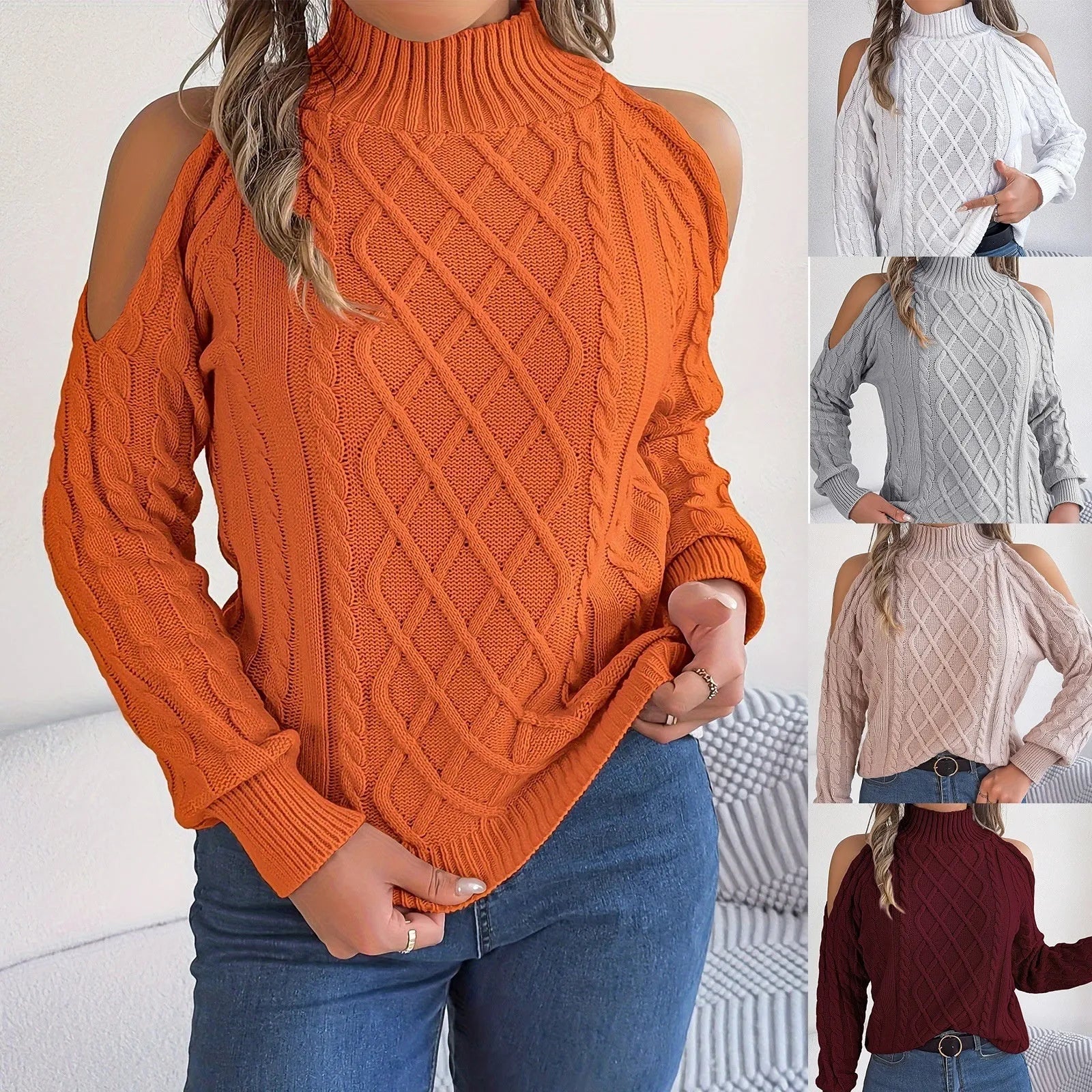Women's strapless twist pattern sweater with half-high collar and long lantern sleeves
