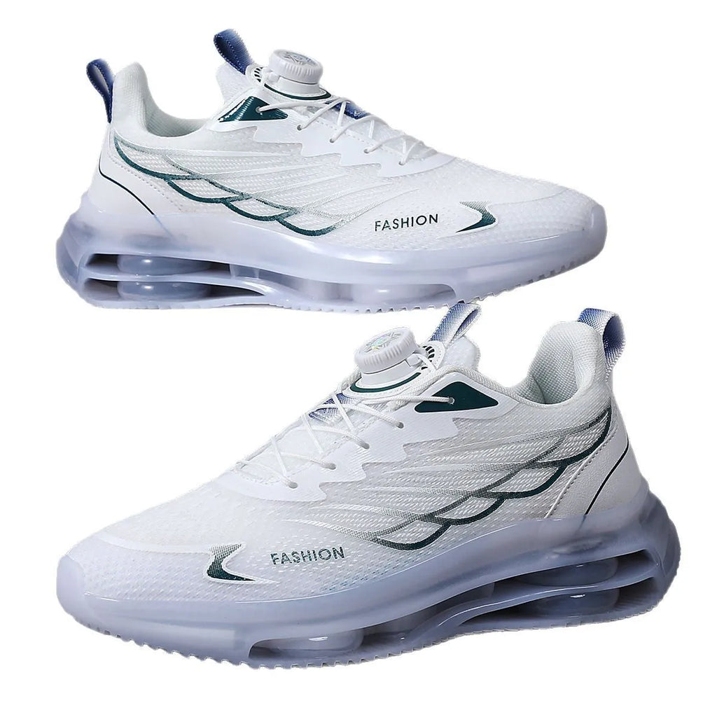 Men's white low-top casual running shoes with a rotating button lace system and mesh upper.