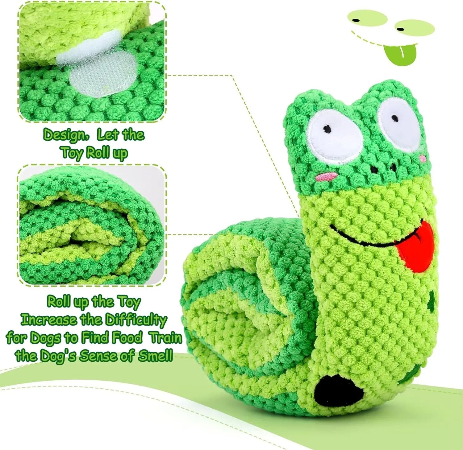 Squeak dog puzzle toy in frog, snail, or snake design with foraging holes