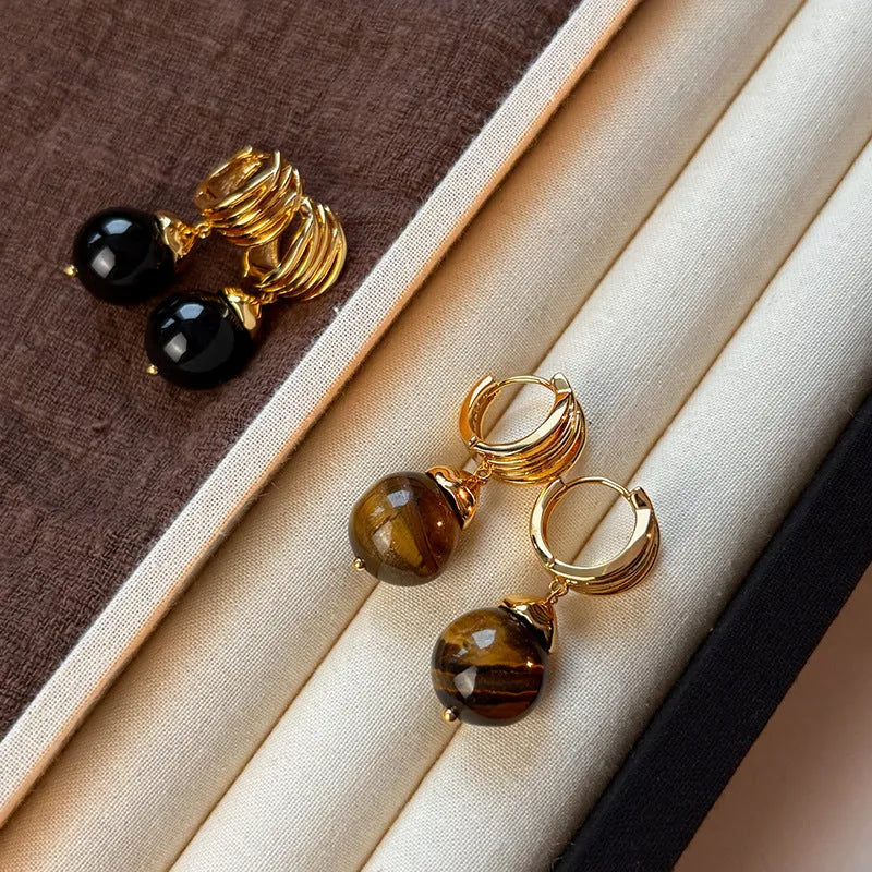 Women's Tigereye earrings with real gold plating in geometry shape with round elements, French retro style