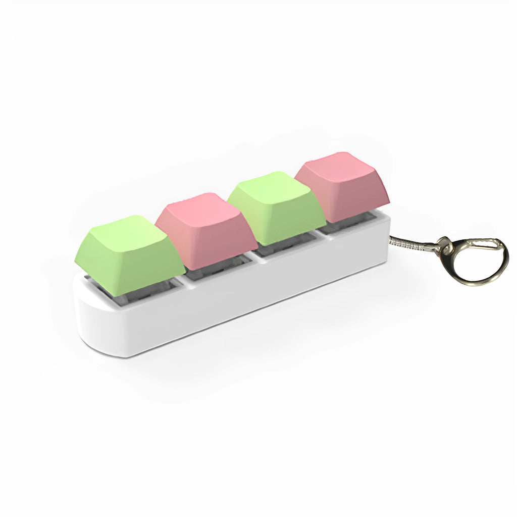 4-key mechanical shaft tester decompression toy with transparent bottom shell and coloured key caps.