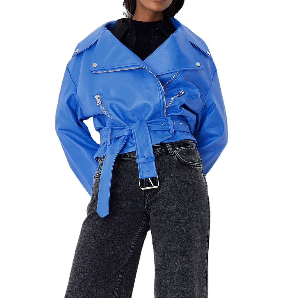 Black leather punk jacket with lapel collar and drawstring waist on a model