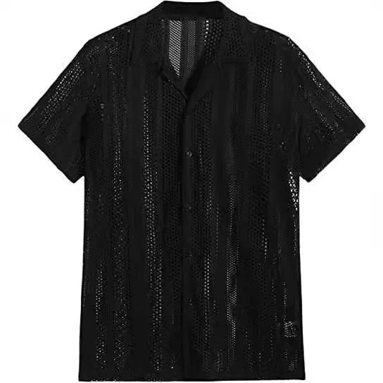 Man wearing a black knitted short-sleeved button cardigan shirt with jacquard detailing.