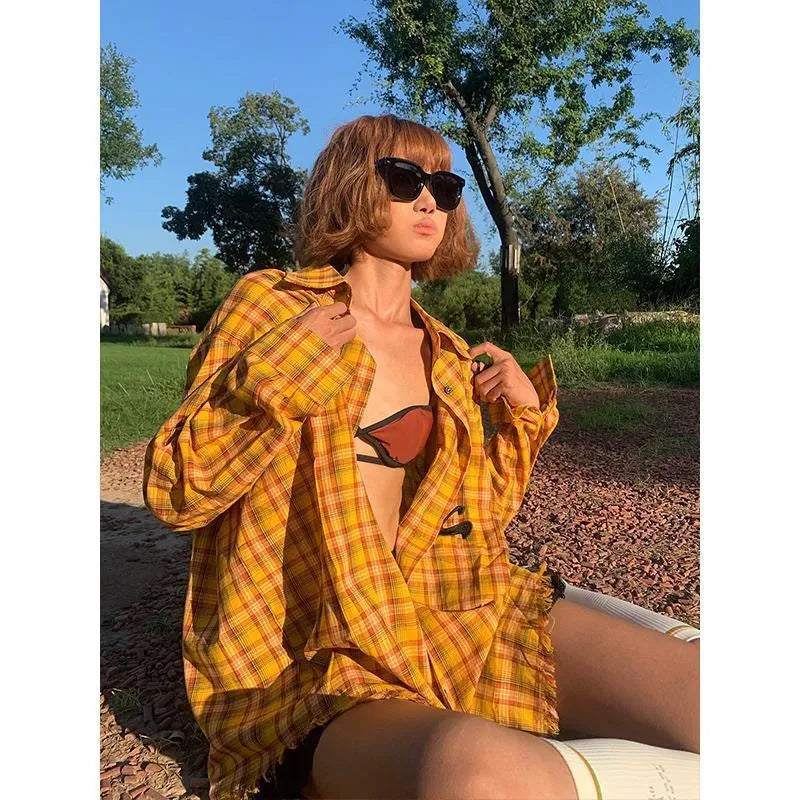 Yellow dopamine pattern plaid shirt with loose cardigan fit on hanger