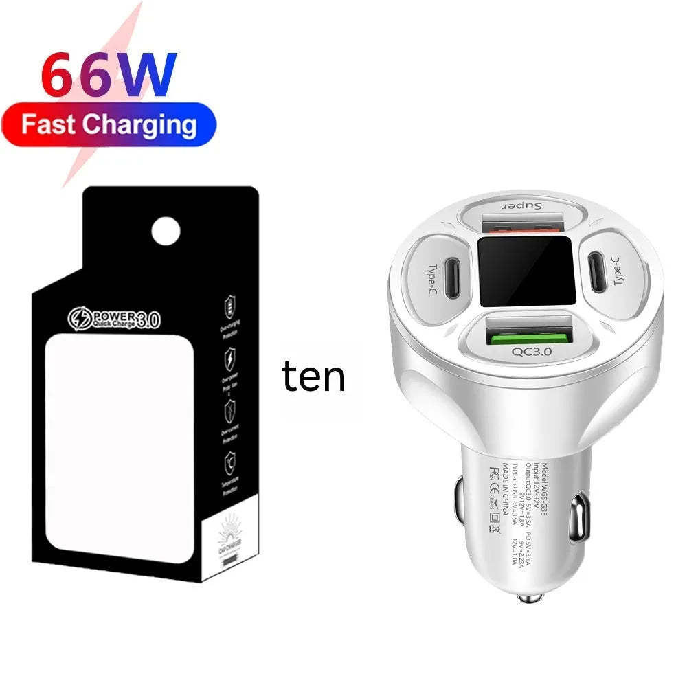 66W 2USB 2 Type-C digital display car charger in black with compact design and voltage readout