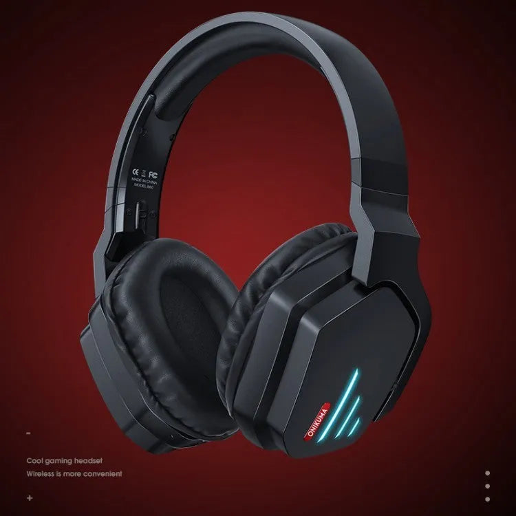 Luminous black head-mounted noise reduction wireless gaming headphones with stereo bass and 15-metre range