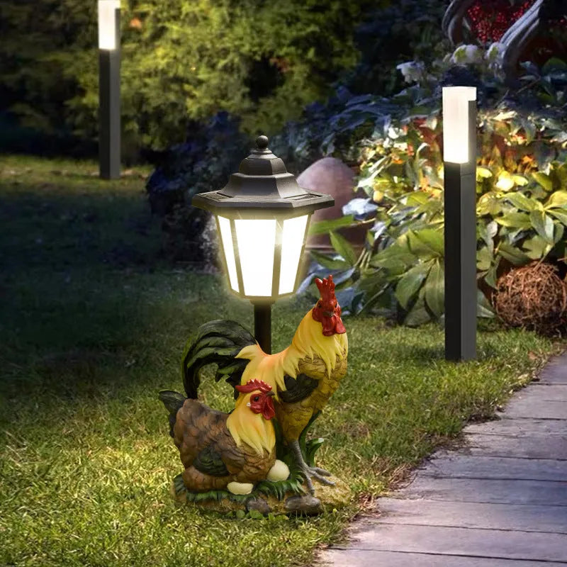 Hexagonal solar garden lamp in American country style with animal figurine decoration