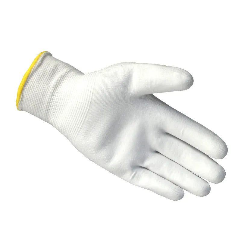 White PU coated industrial work gloves showing flexible construction and 24 cm length