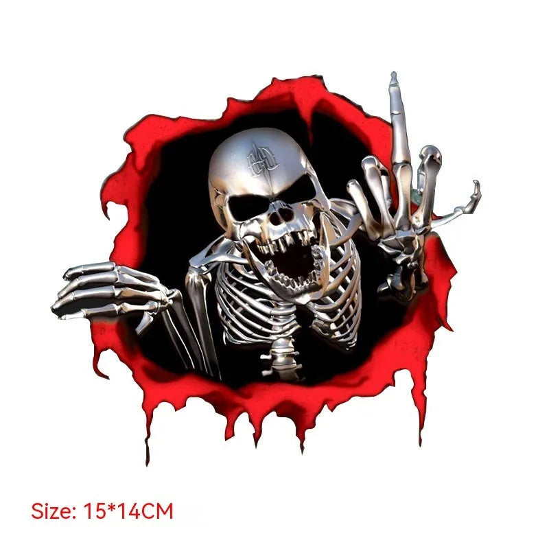 Reflective colourful metal skull car sticker measuring 15 by 14 centimetres