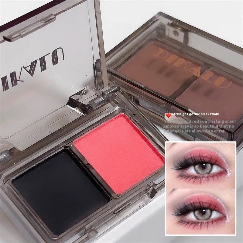 DIKALU two-tone eyeshadow palette open showing pink and black matte shimmer powder in one of five colour combinations.