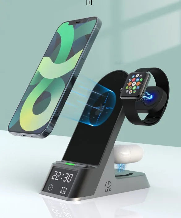 Black multifunctional wireless charging alarm clock with digital LED display and multiple charging ports
