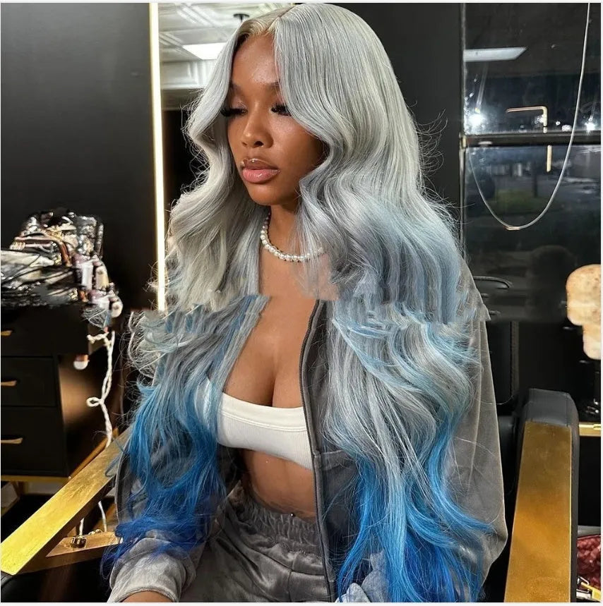 Grey blue gradient lace front human hair wig with natural-looking hairline