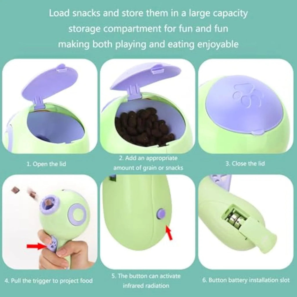 15.5cm green dog treat launcher toy with remote feeding function on wooden floor
