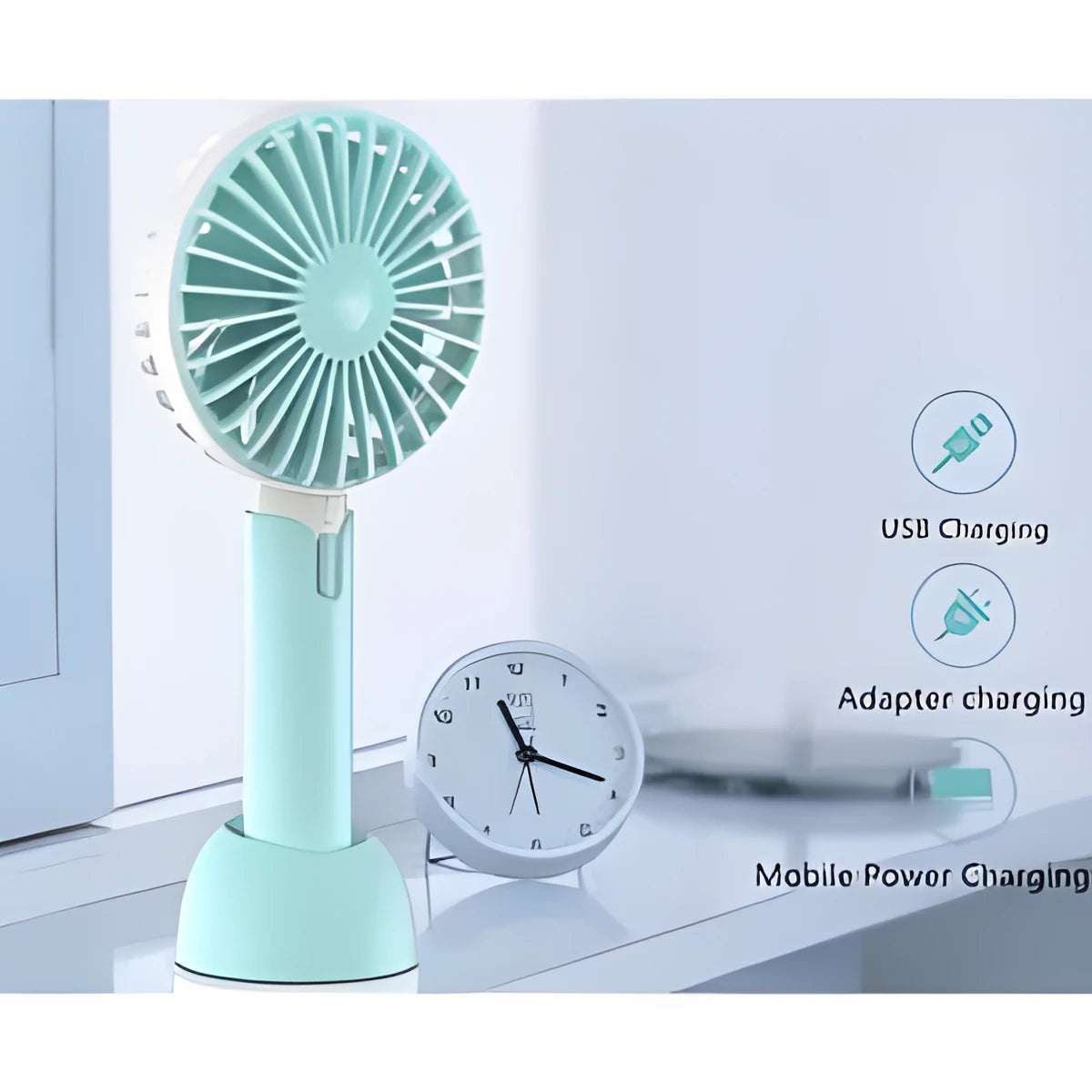 Blue handheld mini USB electric fan with three speed controls and oscillating head