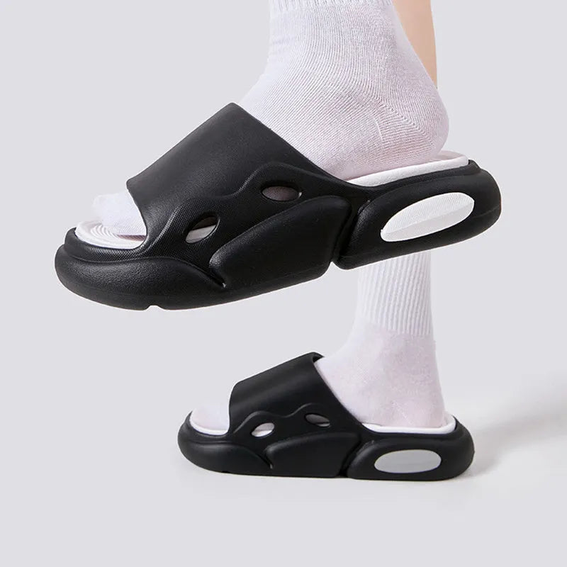 Two-colour thick-soled EVA slippers with leather lining in pink purple, white green, and black white colour options
