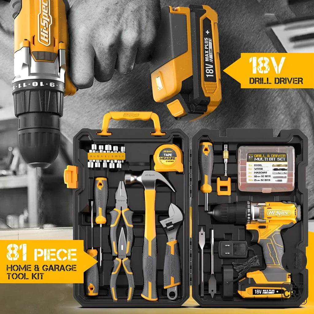 Grey yellow 82-piece furniture repair tool kit in a box with chrome-vanadium steel hardware.