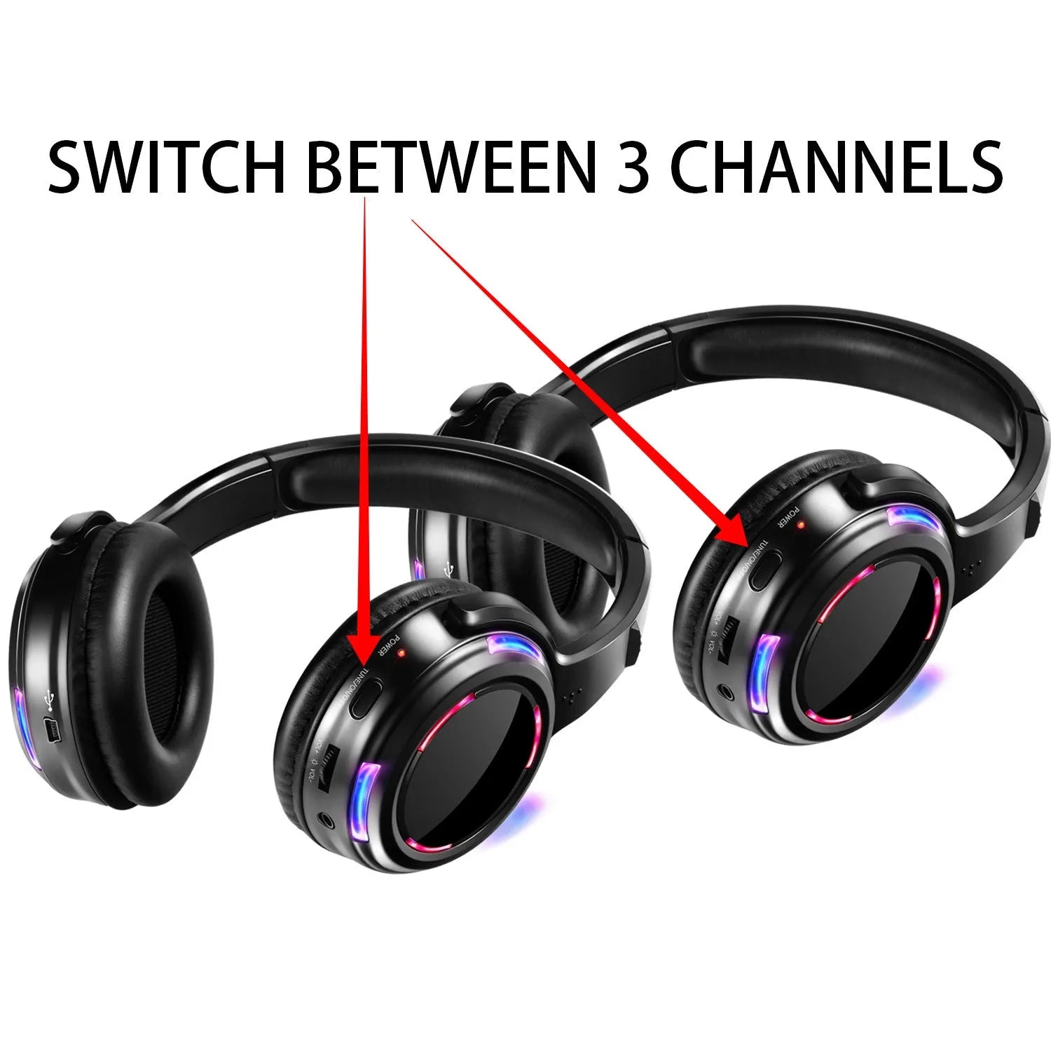 Black silent disco headphones with headband design and 40mm drivers for wireless party events