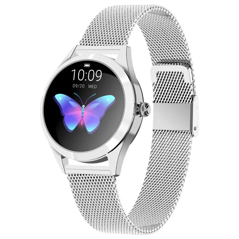 Women's multi-functional sports smartwatch showing heart rate monitoring, available in black, rose gold, silver, or white