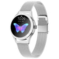 Women's multi-functional sports smartwatch showing heart rate monitoring, available in black, rose gold, silver, or white