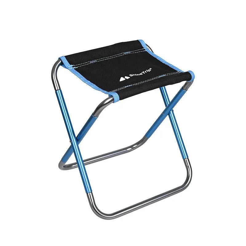 Black ethnic-style aluminium alloy portable folding stool shown in folded and unfolded positions.