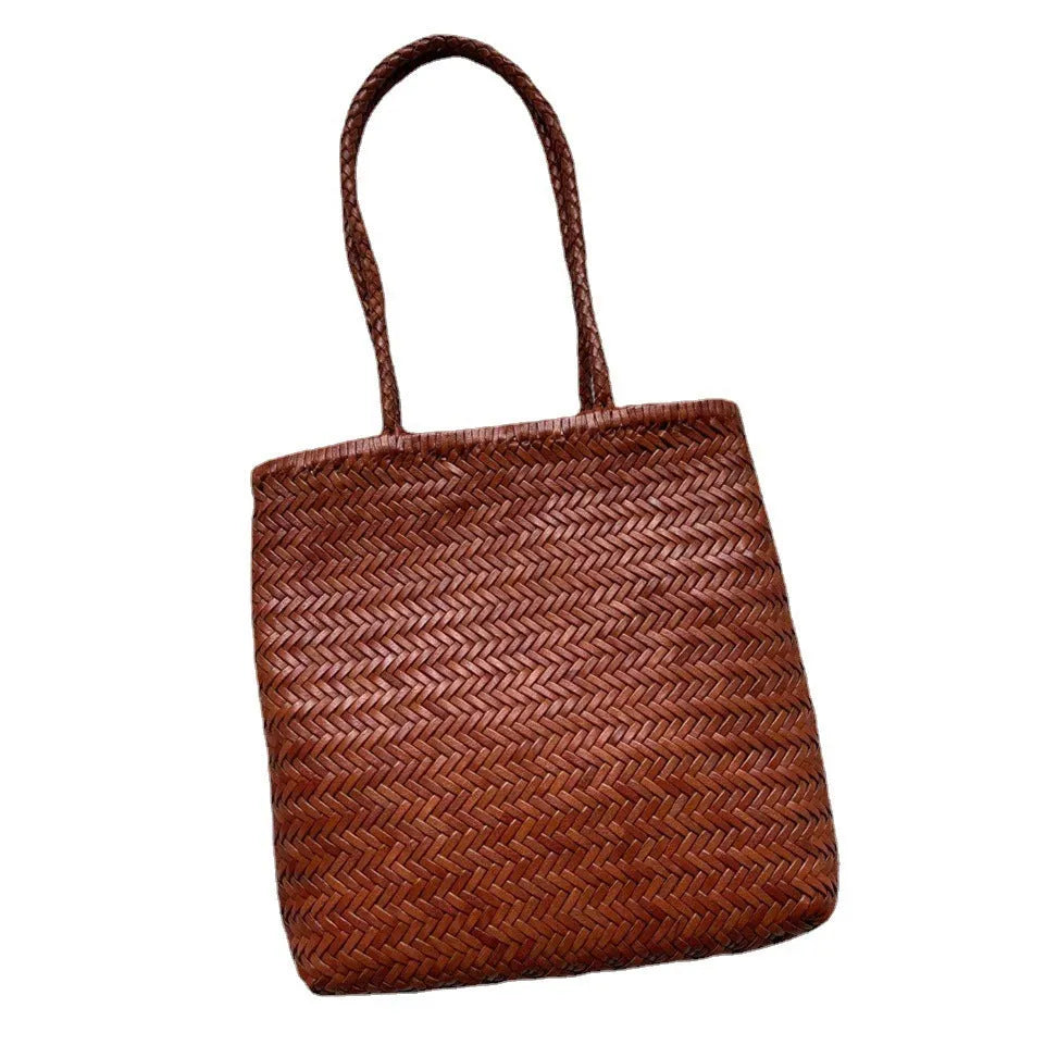 Handmade woven cowhide leather tote bag with three-dimensional pocket in brown colour