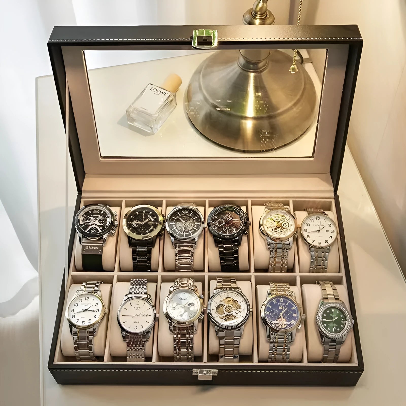High-grade leather watch storage box in grey with dustproof see-through lid, 30x20x8cm