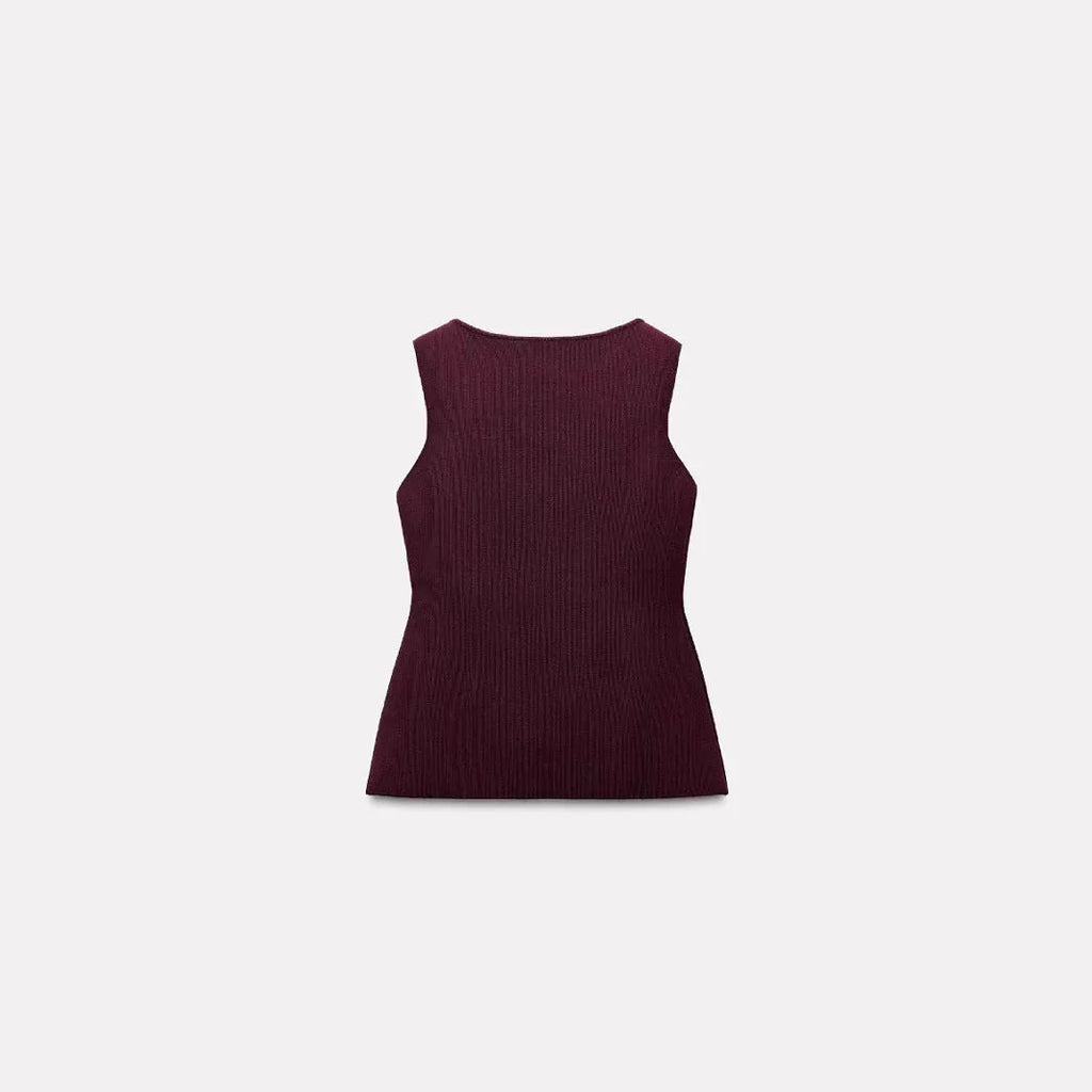 Women's dark red slim fit sweater vest with gold buttons and textured pattern.