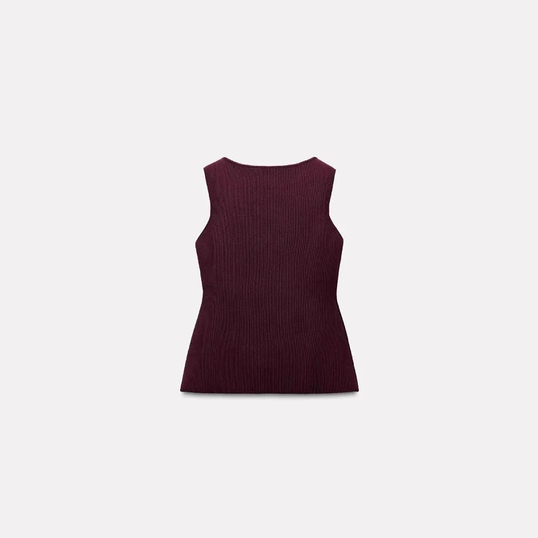 Women's dark red slim fit sweater vest with gold buttons and textured pattern.