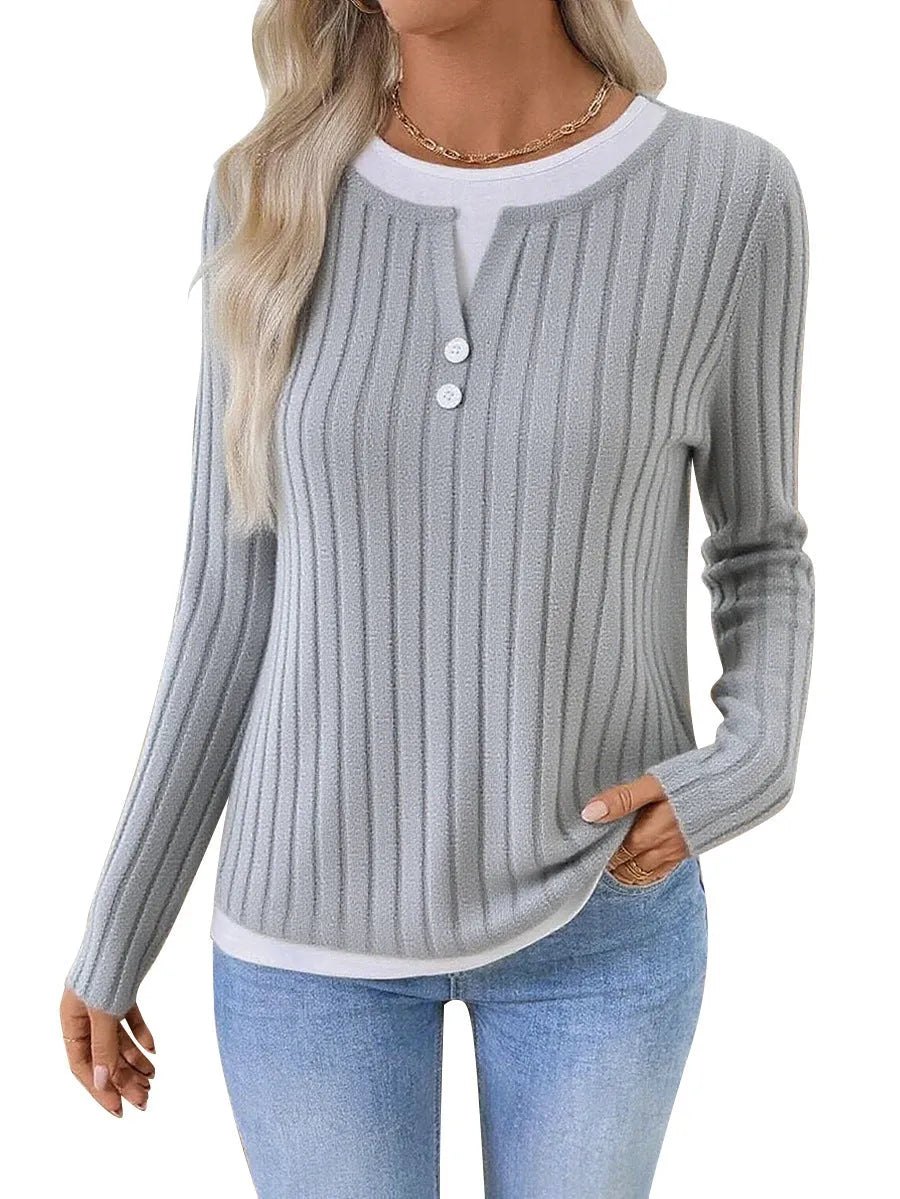 Women's black fake two-piece round neck button pullover sweater with grinding design